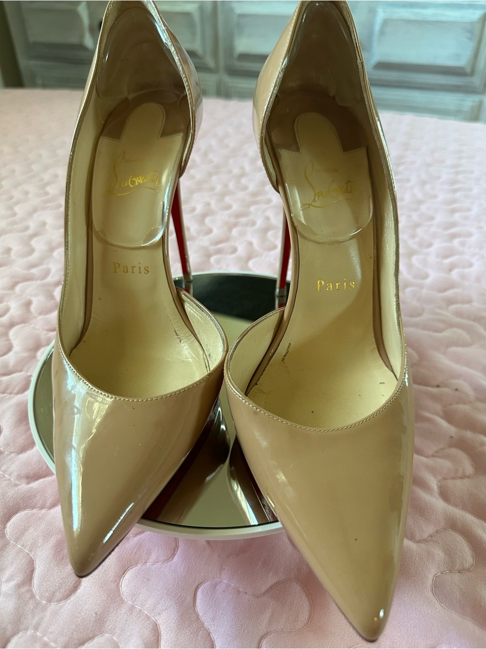 Christian Louboutin Nude Patent Pointed-Toe Pumps with Red Sole
